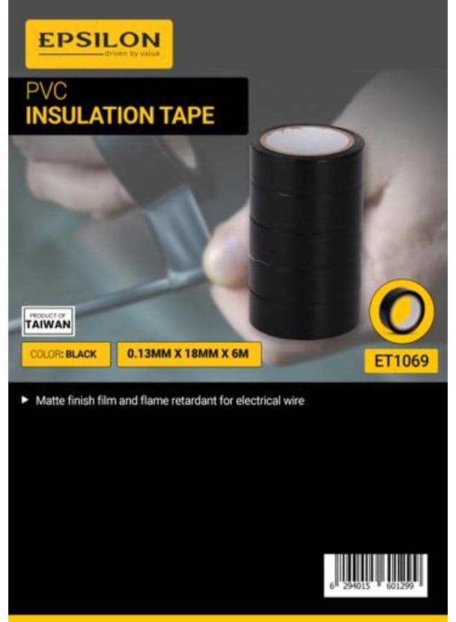 Epsilon PVC Insulation Tape Pack of 5 ET1069, 0.13mm x 18mm x 6m, Flame Retardant Electrical Tape, Strong Adhesive Matte Finish PVC Tape for Wire Insulation, DIY Repairs & Electrical Maintenance, Black