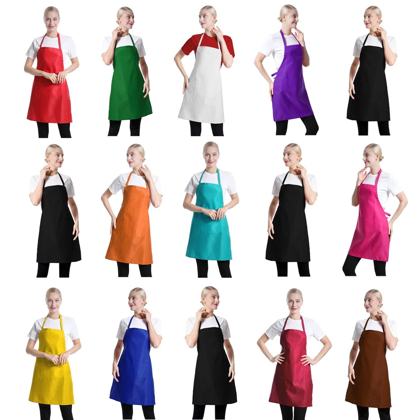 TSD STORY Total 15 PCS Mixed Plain Color Bib Aprons Bulk for Women Men Adult with 2 Front Pockets Chef Cooking Painting Baking12colours15pcs