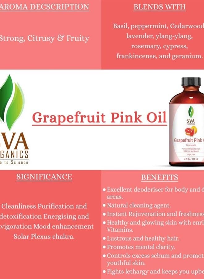 SVA Organics Grapefruit Pink Oil with Dropper- 118 ml (4 fl. oz.) 100% Pure, Natural and Therapeutic Grade for Radiant Skin, Lustrous Hair, Aromatherapy & Massage