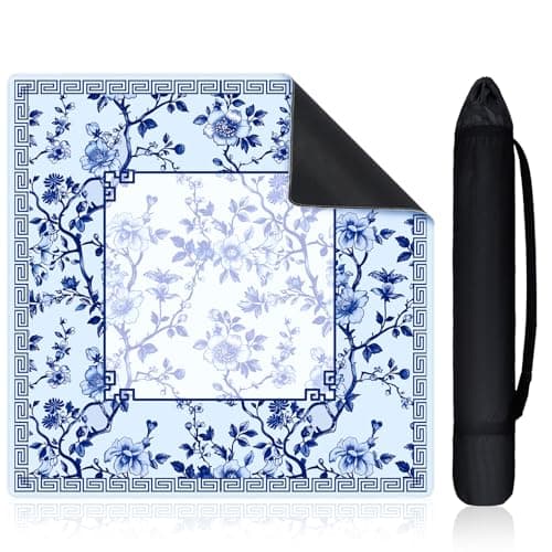 Sonwyoung 22 Inch Mini Chinoiserie Mahjong Mat for Travel Set White Floral Mahjong Mat Cute Small Domino Accessories Gifts Domino and Tile Game Table Blue