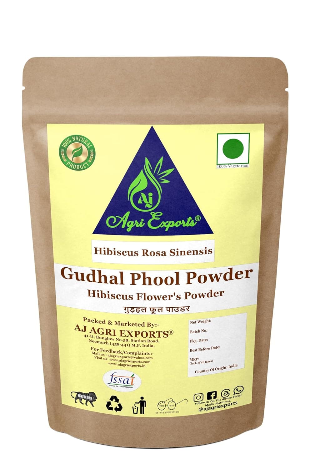AJ AGRI EXPORTS Hibiscus Flower Powder Gudhal Phool Powder for Face Pack Hair Mask 100 Natural 400 Grams