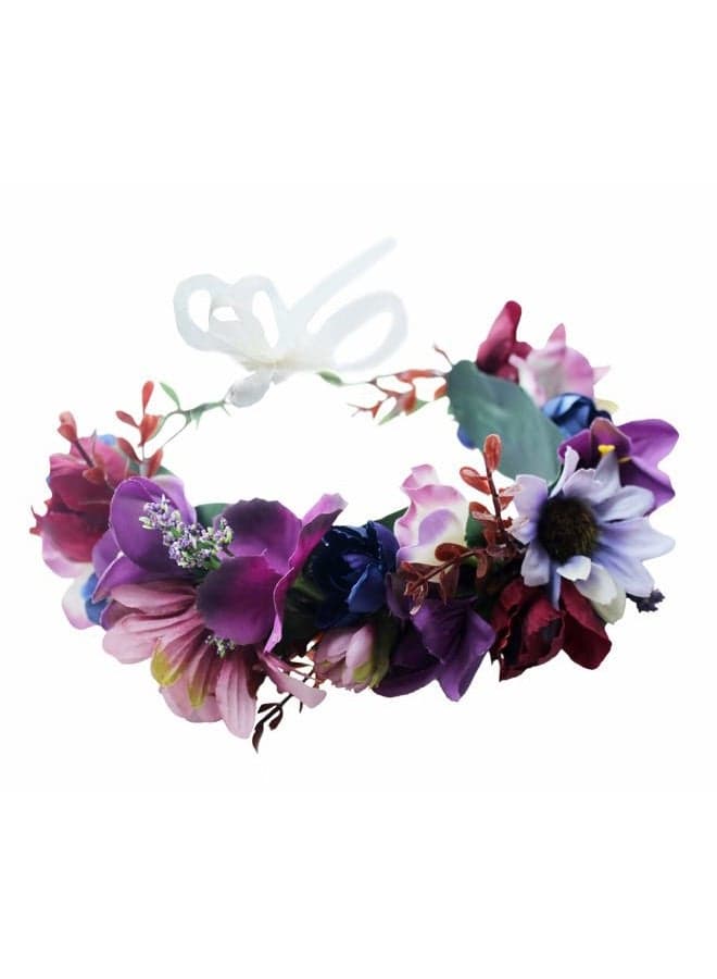 Women Floral Crown Boho Flower Headband Hair Wreath Floral Halo Headpiece with Ribbon Wedding Party Photos Purple