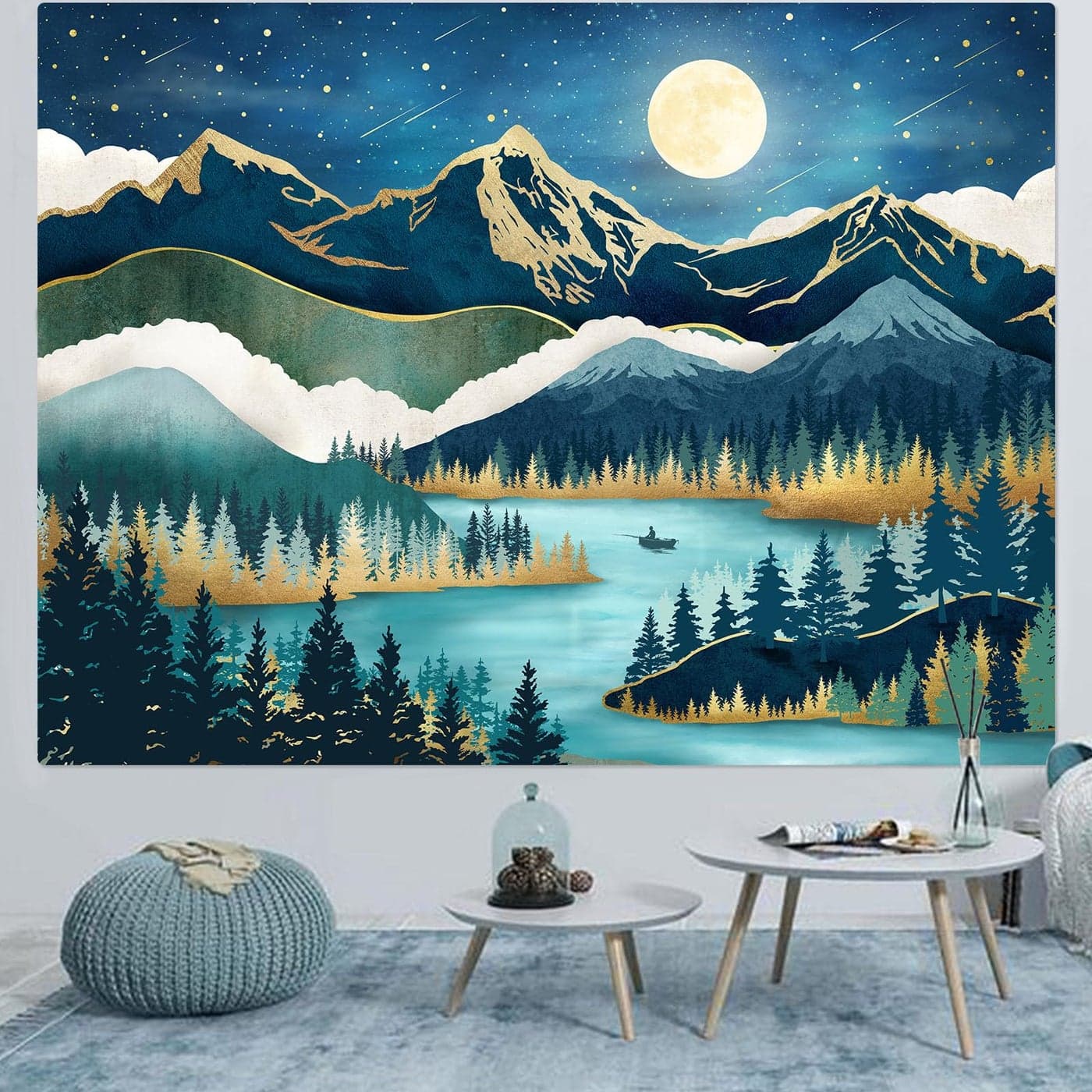 Accnicc Mountain Tapestry Nature Forest Tree Tapestries for Bedroom Aesthetic Starry Night Moon Stars Tapestrys Wall Hanging Teal Abstract Wall Tapestry for Dorm Living Room Teal 48 36