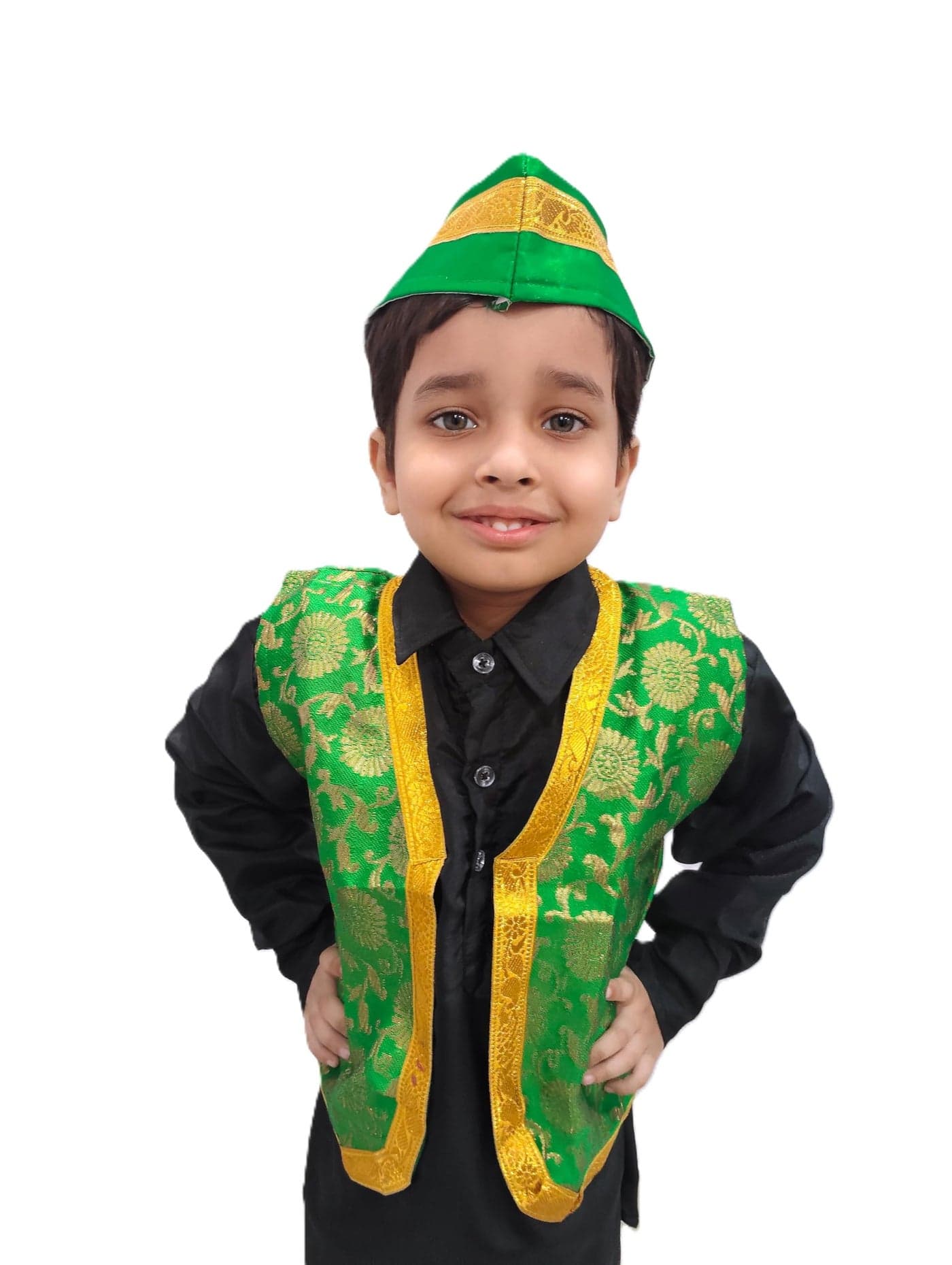 BookMyCostume Green Qawwali Jacket & Cap Combo for Kids| Green Embroidered Ethnic Fancy Dress Costume | Sufi Singer Kurta Style Waistcoat & Head Cap for Theme Parties & Stage Shows 4-5 Years