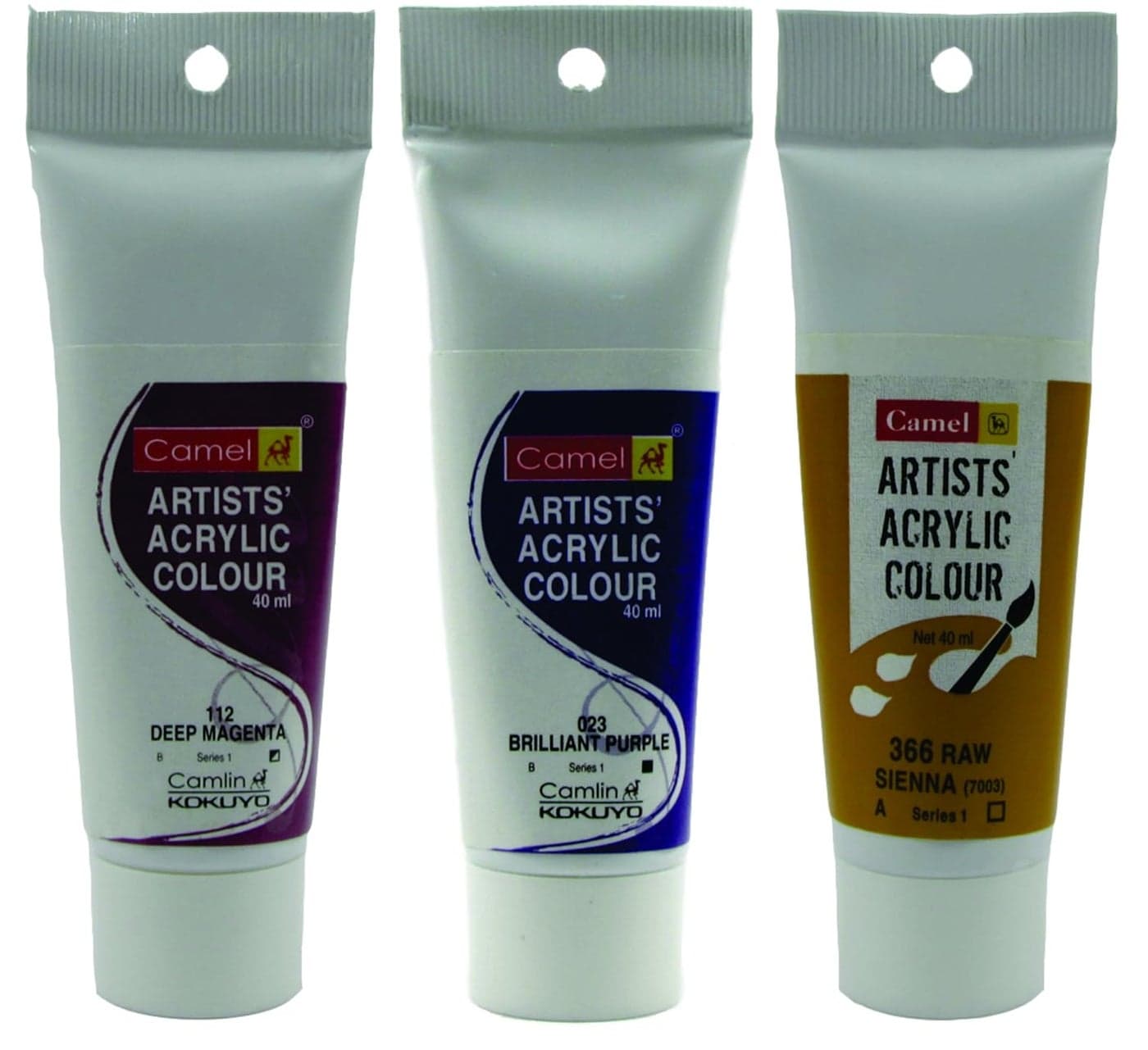 Camlin Kokuyo Acrylic Tubes 40ml- Deep Magenta, Brilliant Purple and Raw Sienna