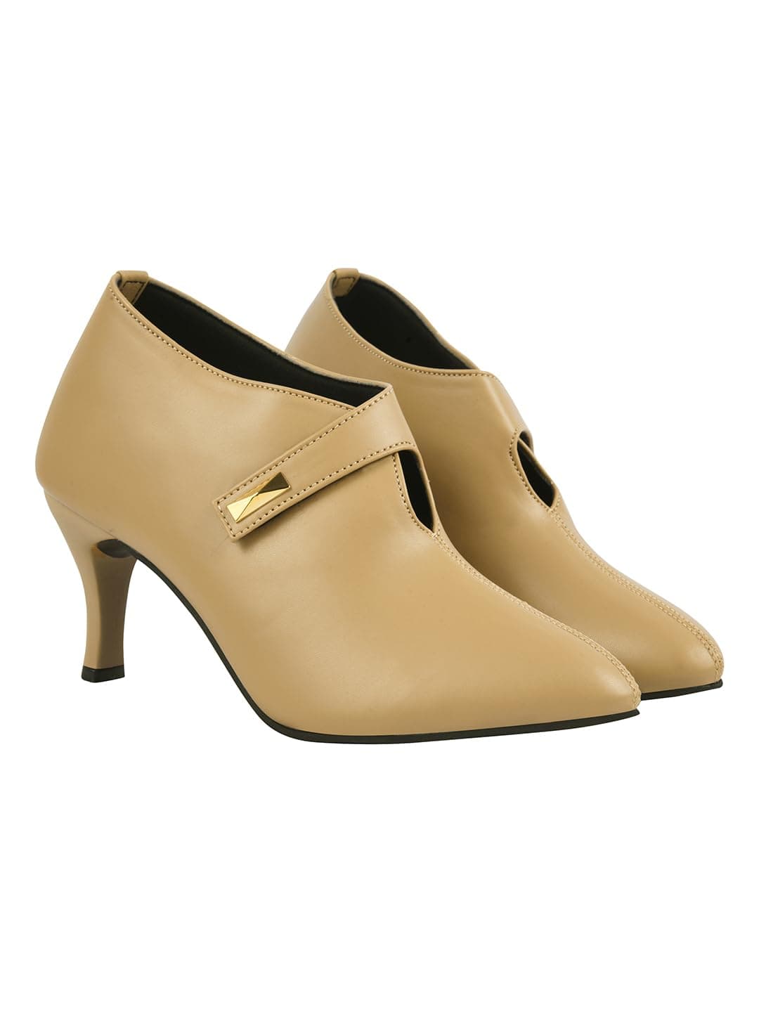 Shoetopia Women's Tan Pointed Toe Heeled Bellies – Elegant Slip-On Pumps with Strap Detail | Office Shoes EU39