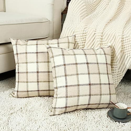 Stellhome Fall Linen Buffalo Check Throw Pillow Covers, Autumn Farmhouse Plaid Decorative Cushion Covers for Couch Sofa Living Room, Pack of 2, 18x18 Inch, Beige