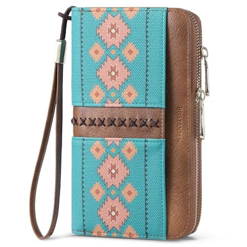 BOSTANTEN Wallets for Women Leather RFID Double Zipper Around Credit Card Holder Large Capacity Wristlet Clutch Wallet with Grip Hand Strap Green&Brown Floral
