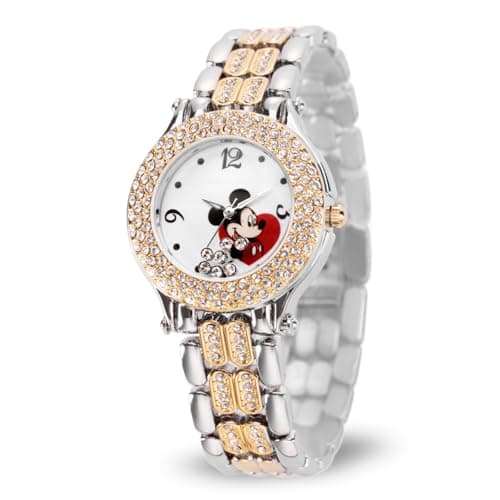 Disney Mickey Mouse Watch – Stylish & Fun Mickey Mouse Watches for Women – Classic Inspired Timepiece – Women's Watch with White Dial & Floating Stones, Multicolor Stainless Steel Strap