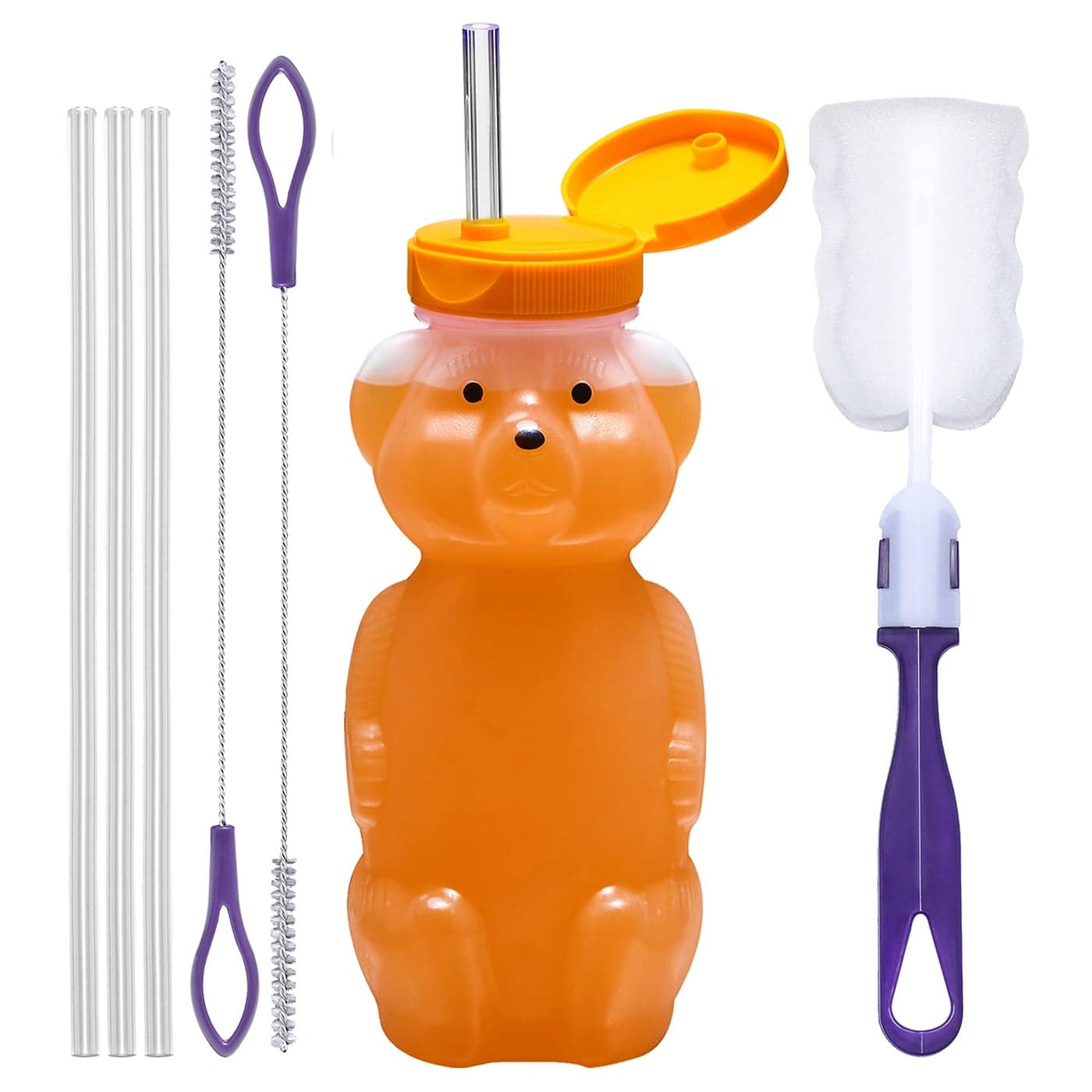 Special Supplies Honey Bear Straw Cup Long Straws Squeezable Therapy and Special Needs Assistive Drink Container Spill Proof and Leak Resistant Lid Pack of 1 Bottle and 3 Straws