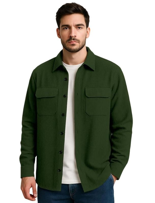 DEELMO Men's Cotton Polyester Corduroy Shirt with Textured Pattern Spread Collar Full Sleeves Dual Pocket Front and Button Down Closure | Textured Shirts for Men | DUBBLEPOCKET5022_Dark Green_S