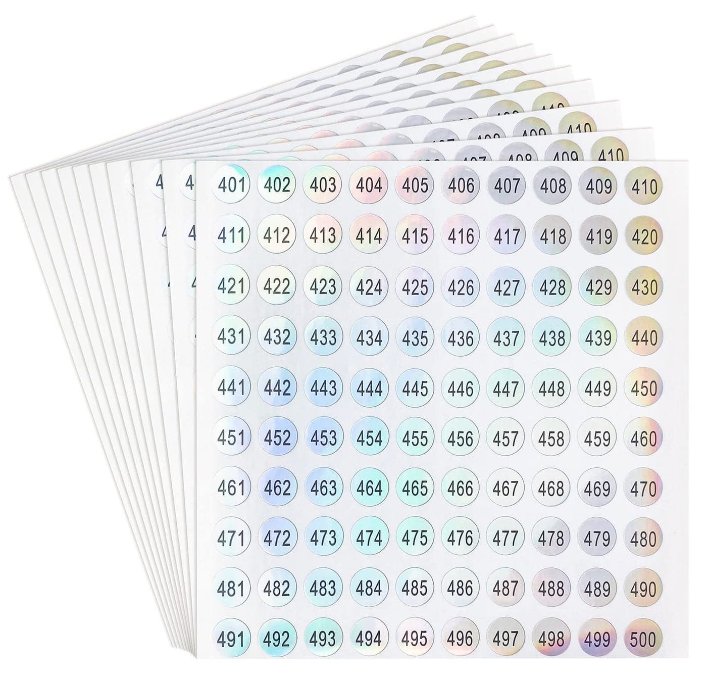 dealzEpic Waterproof Reflective Laser Number Stickers 401 to 500 Round Self Adhesive Stickers InventoryStorage Organizing Stickers Set of 10 Sheets