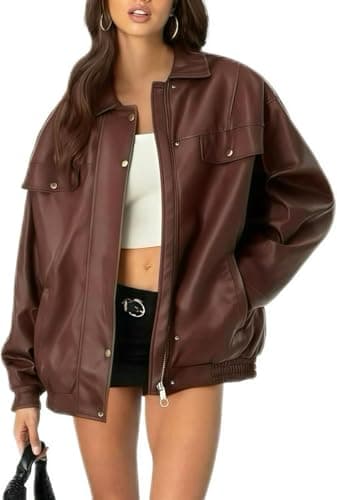 hathne Women's PU Leather Jacket Oversized Vintage Long Sleeve Motorcycle Faux Leather Blazer Jackets(DarkRed-L)