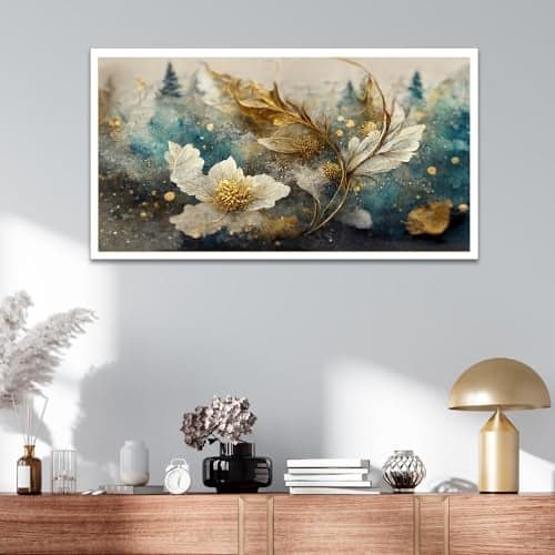 DEKORSTATION Elegant Artwork Ethereal Blossoms White Floral Floating Frame Canvas Wall Painting for Home and Office Décor (24 Inch W x 12 Inch H)