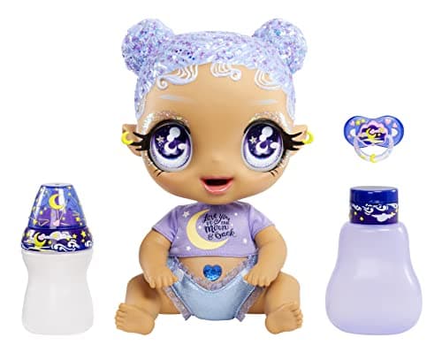 MGA Entertainment Glitter Babyz Selena Stargazer Baby Doll 3 Magical Color Changes Pastel Purple Glitter Hair Moon Stars Outfit Diaper Bottle Pacifier Accessories Gift for Kids Ages 3 4 5