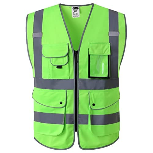 JKSafety 9 Pockets Class 2 High Visibility Zipper Front Safety Vest With Reflective Strips, Meets ANSI/ISEA Standards (150-Green, 4X-Large)