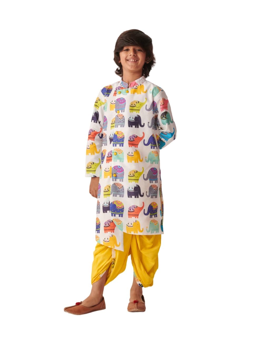 Pspeaches Boys Cotton Long Sleeves Mandarin Collar Quirky Print Kurta and Dhoti Pant 2 Piece Set|Ethnic Wear For Kids Boys|Traditional & Festive Outfit 13-14 Year Multicolour
