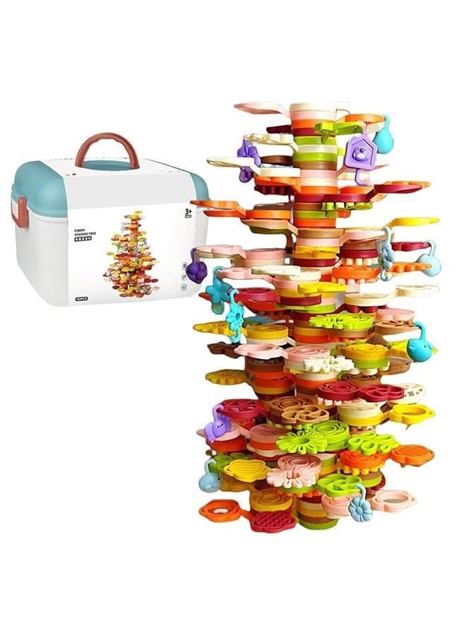 152PCS Stackable Rainbow Tree Toy, Balance Game Building Stack Flower Tree Blocks Stacking Toys, for Kids Toddlers with Storage Box, Kids Educational Montessori Toys