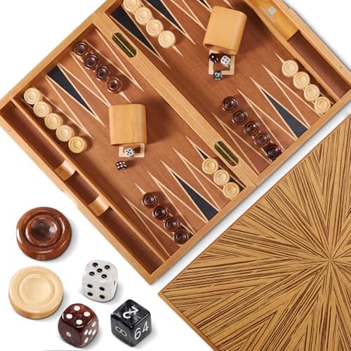Wood Backgammon Set for Adults 17 Inch Classic Strategy Board Game Case Premium Folding Backgammon Set with Wooden Playing Pieces Dices Portable Wood Inlaid Travel Backgammon Game Set