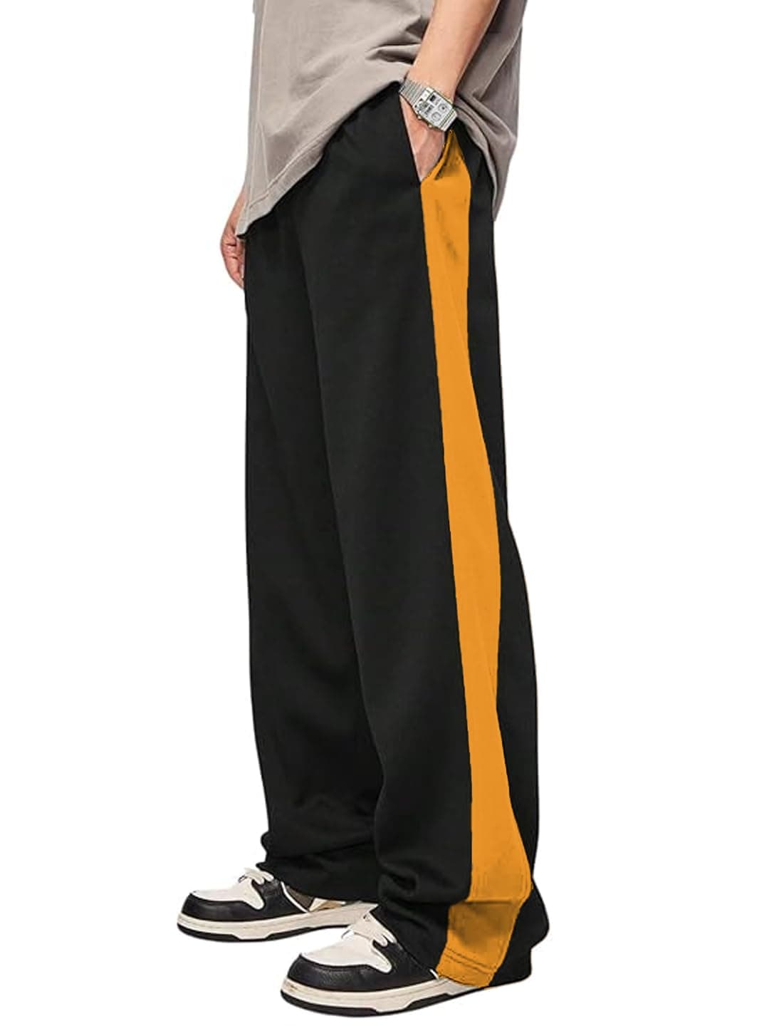 LEOTUDE Men Straight Textured Stylish Mid Rise Loose Fit Track Pants for Man (TRK210_Black_Mustard_P_Black_2XL)