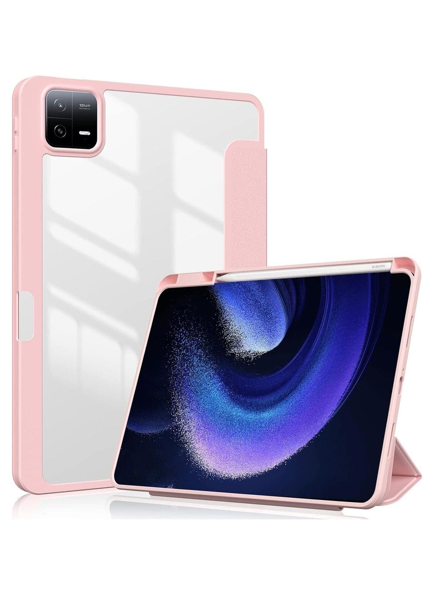 Xiaomi Pad 6/Pad 6 Pro Case 11.0 inch, Auto Wake Sleep Slim Trifold Stand Case Cover with Pencil Holder, Clear Trasparent Back Shell Csae for Xiaomi Pad 6 2023, Light Pink