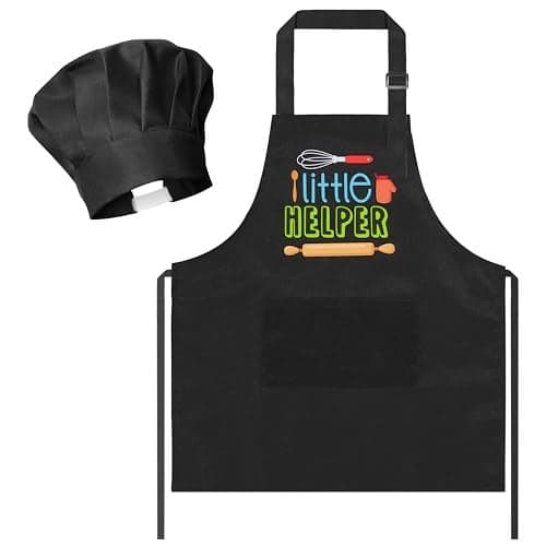 R HORSE 2Pcs Kid Apron and Chef Hat Set Adjustable Children Black Kitchen Apron Dress up Role Play Chef Toy Cooking Baking Painting and Training Kits Kid Funny Cooking Gift Birthday Gift for Kids