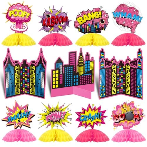 Funrous 11 Pieces Hero Party Decoration Hero Honeycomb Centerpieces 3D Table Topper Paper Large Word Centerpieces Fun Action Sign Standing Card for Birthday Baby Shower Decor Supplies Pink