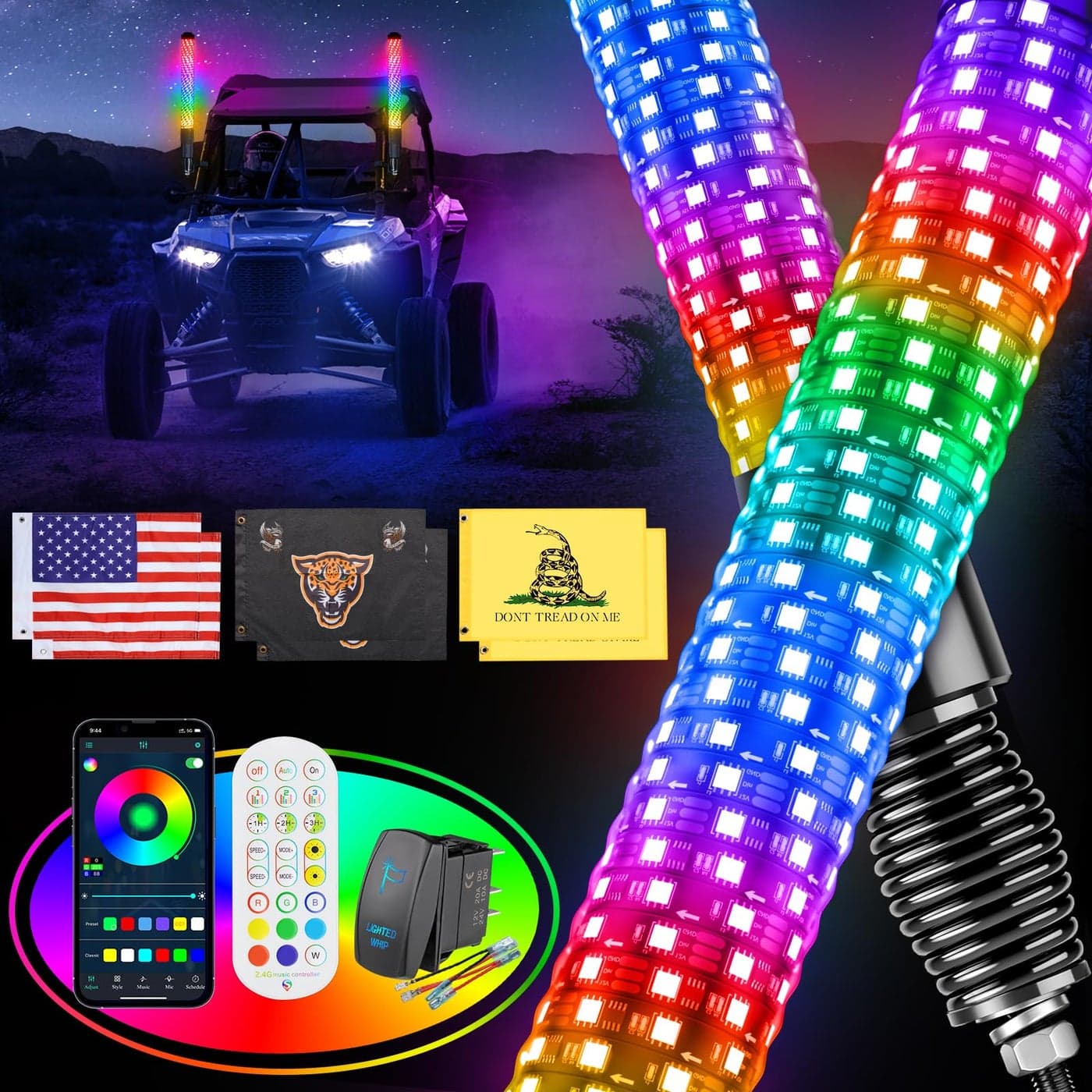 Ehaho 2PCS 2FT Fat Whip Lights for UTV ATV with Spring Base Led Fatty Whip Light WRocker Switch 6 Flags Brighter Spiral Chasing Lighted Antenna Whip with APP Remote Control for RZR SXS CanAm