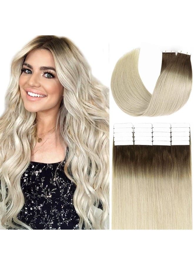 Tape in Natural Hair Remy Human Hair Extensions Dip Dyed Balayage #2/60 Darker Brown to Platinum Blond Seamless PU Skin Weft 100% Real Virgin Invisible Hair Double Side 50g 20pcs/set 14 inch