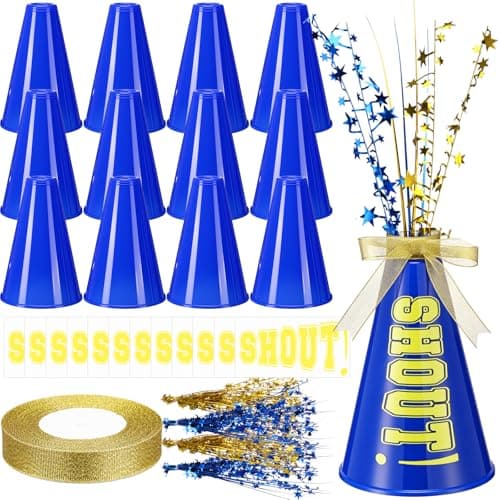 Rotatingpals 12 Pcs Blue Cheer Megaphone Bulk Plastic DIY Megaphone Party Accessory Cheerleading Centerpiece Decor for School Cheers Sports Match Game Outdoor ActivitiesShoutBlue Gold