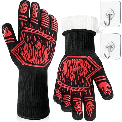 BBQ Gloves, 1472°F Heat-Resistant and Anti Slip Long Grilling Gloves, One Size Fits All, Gift Two Hooks, Excellent Hand and Wrist Protection in The Kitchen/Fireplace/Griddle/Smoker/Fire Pit