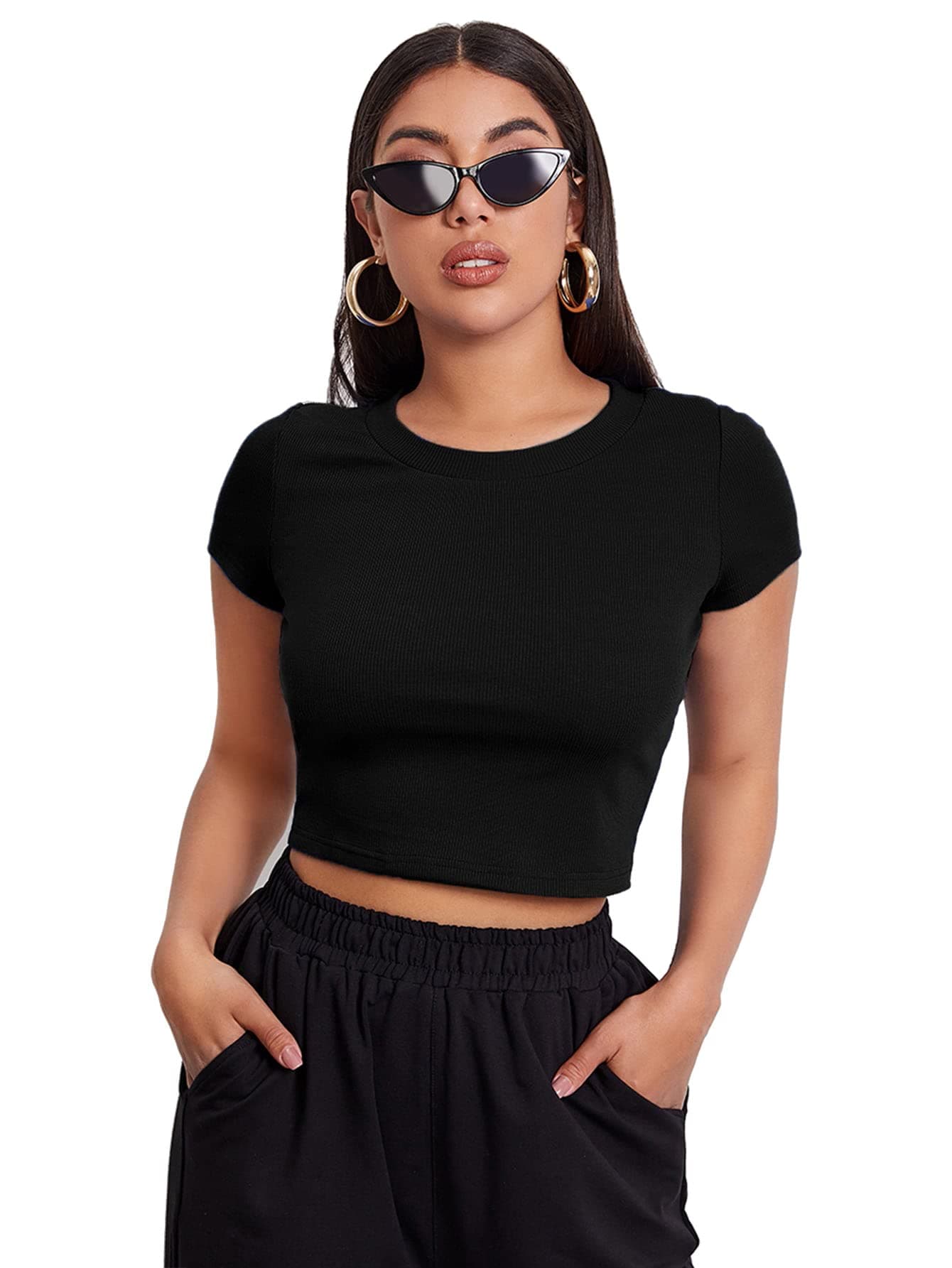 Aahwan Cotton Black Solid Ribbed Slim Fit Baby Tee Crop Top for Women's & Girl's (116_Black-Small)