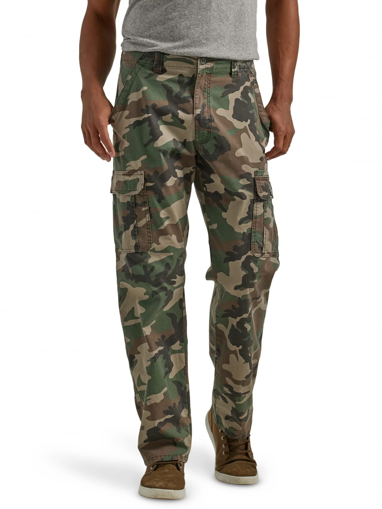 Wrangler Authentics Mens Relaxed Fit Stretch Cargo Pant Green Brown Camo 34W x 32L