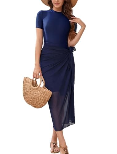 Modest Bathing Suit for Women Short Sleeve One Pieces Swimsuit with Swim Shorts Wraps Skirts Sarong Muslim Swimsuits for Women Rash Guard Burkini for Woman Swimming Outfits Navy Blue Short Sleeve XXL
