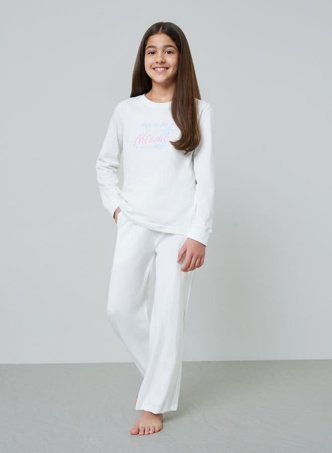 Teen Girls Off-White Cotton Long Sleeve Pyjama Set
