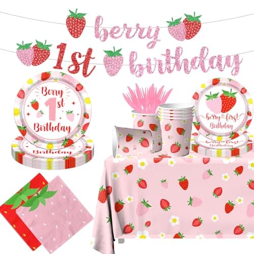 Berry First Birthday Decor Strawberry 1st Birthday Decorations for Girls with Plates Napkins Tablecloth Cups Strawberry Party Decorations Serve 20