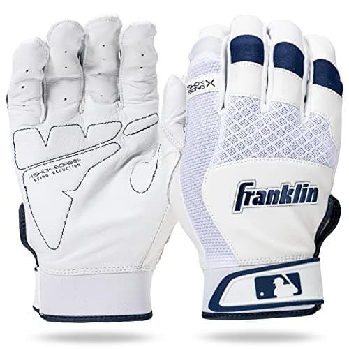 Franklin Sports MLB Baseball Batting Gloves - Shok-Sorb X Batting Gloves for Baseball + Softball - Adult + Youth Padded Non-Sting Pair - White + Navy Chrome - Adult Small