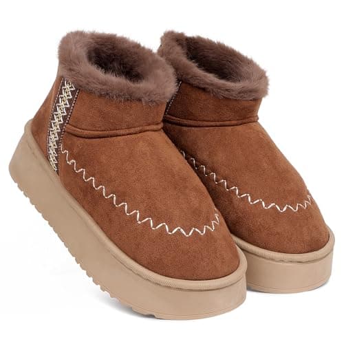 CASSIEY Indoor/Outdoor Comfortable Winter Fur Snow Boot |Women's Slip on Thick Sole Shoes- Brown
