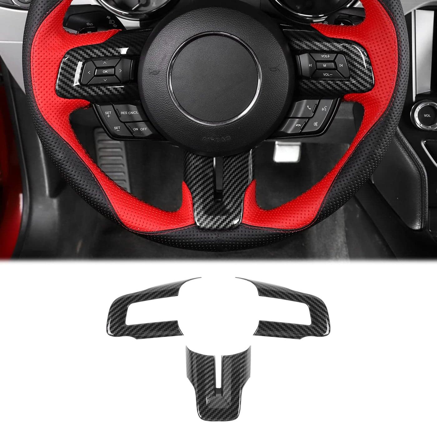 CheroCar for Ford Mustang Steering Wheel Cover Decoration Trim Kit Interior Accessories for 20152025 Ford Mustang Carbon Fiber