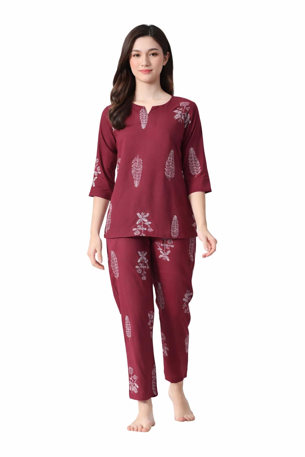 Ichaa Women Rayon Printed Night Wear Top and Bottom Night Suit Set, Maroon, Small