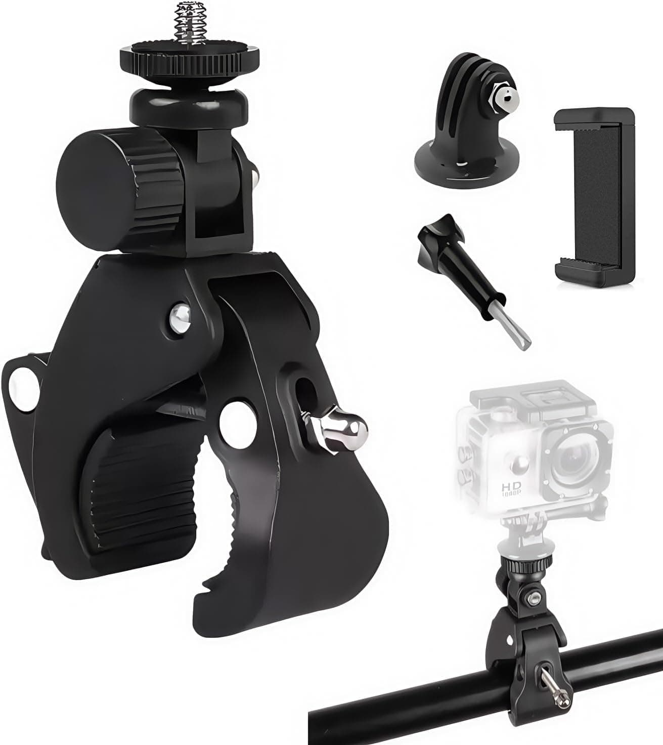 SHOPEE Action Camera Mount Clamp, Bike/Motorcycle Handlebar Clamp Cell Phone Adapter for Insta360/Hero/AKASO/Osmo, Sports Camera Mounts Compatible with Smartphone DSLR Cameras, Camcorders