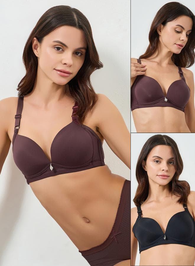 Pack fo 2 - Padded Non-Wired Plunge Bra With Metal Trim