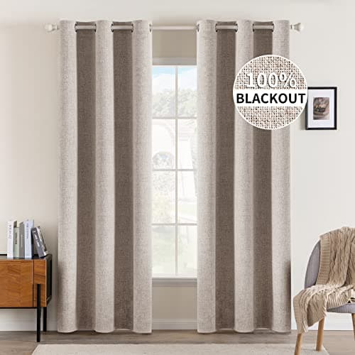 MIULEE Linen Blackout Curtains and Drapes 100 Room Darkening Thermal Insulated Grommet Window Panels with Coating 2 PCs W 42 x L 84 inches Khaki
