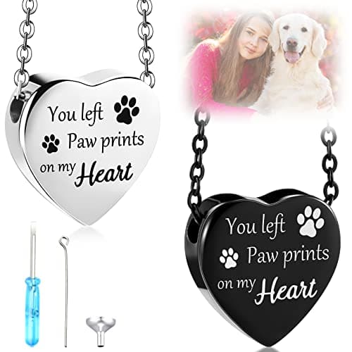 Yinkin 2 Pcs Pet Cremation Jewelry for Ashes Urn Necklace with Paw Print Heart, Pet Dog Necklace Stainless Steel Pendant Black and Silver Urn Locket with Funnel Kit for Dog Cat Ashes (Classic)