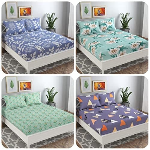 VAS COLLECTIONS Double Bedsheet Combo (Pack of 4) | Soft Brushed Glace Cotton 160 TC - Set of 4 bedsheet with 8 Pillow Cover - Breathable & Wrinkle Free - 12 Pcs Set | Floral - Grey & Red