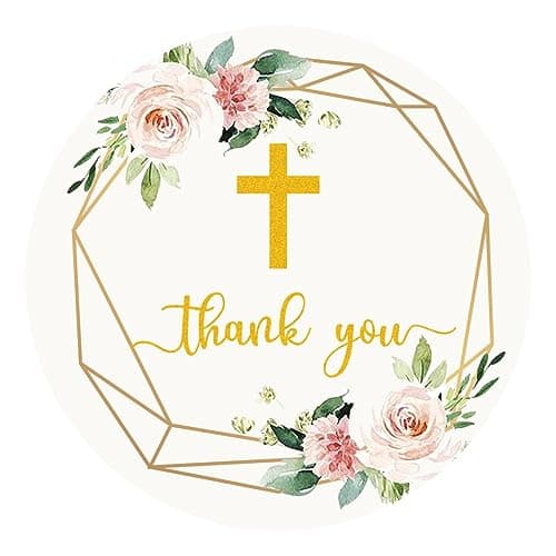 50 Count 2" Round Cross Thank You Stickers for Baptism First Holy Communion Religious Party Birthday Party Baby Shower Wedding Decoration (FlowerP)