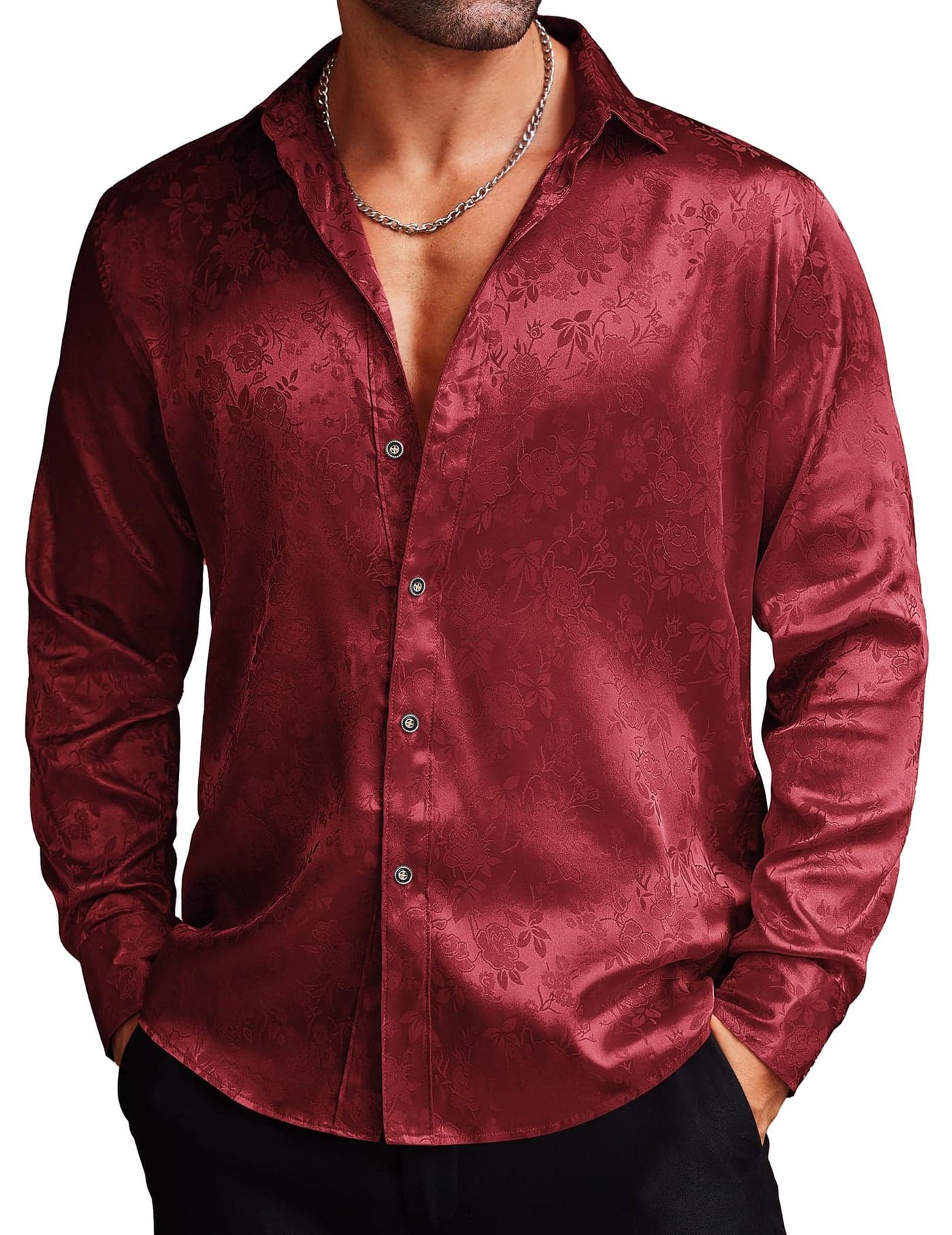 COOFANDY Mens Floral Rose Printed Long Sleeve Dress Shirts Prom Wedding Party Button Down Shirts (XXX-Large, Burgundy)