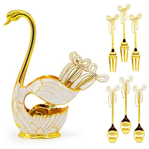 Coffee Dessert Spoon Fork Set Swan Base Holder with 3 Spoons and 3 Forks Coffee Dessert Sugar Flatware for Fruit Dessert Stirring Sugar Ice Cream Gold