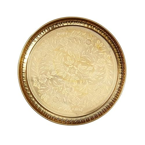 Pure Source India Handmade Flower Embossed Design Brass Puja Thali, Meenakari Pital Aarti Plate Used for Hindu Rituals Like Pooja, Karwa Chauth, Rakhi, Diwali, Return Gift Items (9 inches)