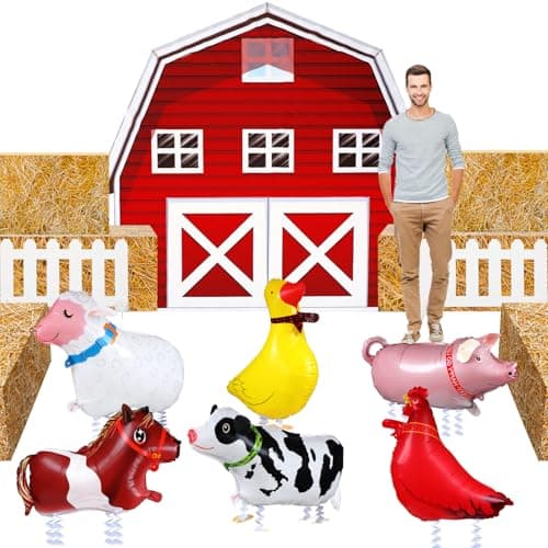 VioraWhite 15 Pcs Farm Animal Barnyard Party Decorations Farm Birthday Party Supplies Farm Barn Door Backdrop Party Decor 6 Pcs Hay Paper Boxes 6 Pcs Inflatable Farm Animals Balloons 2 Pcs Fences